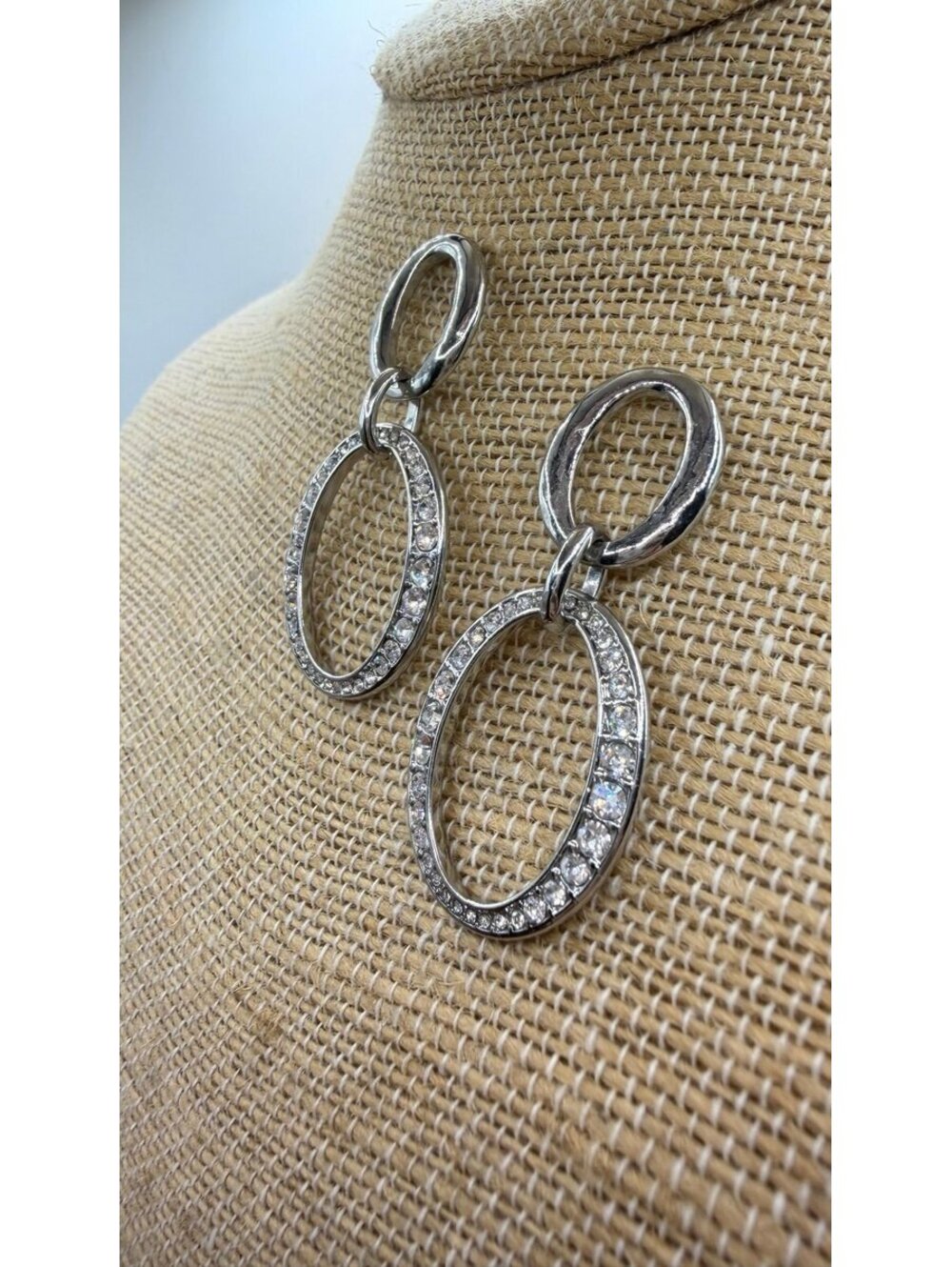 Beautiful Silver Crystal Oval Drop Earrings / Rhodium Plated